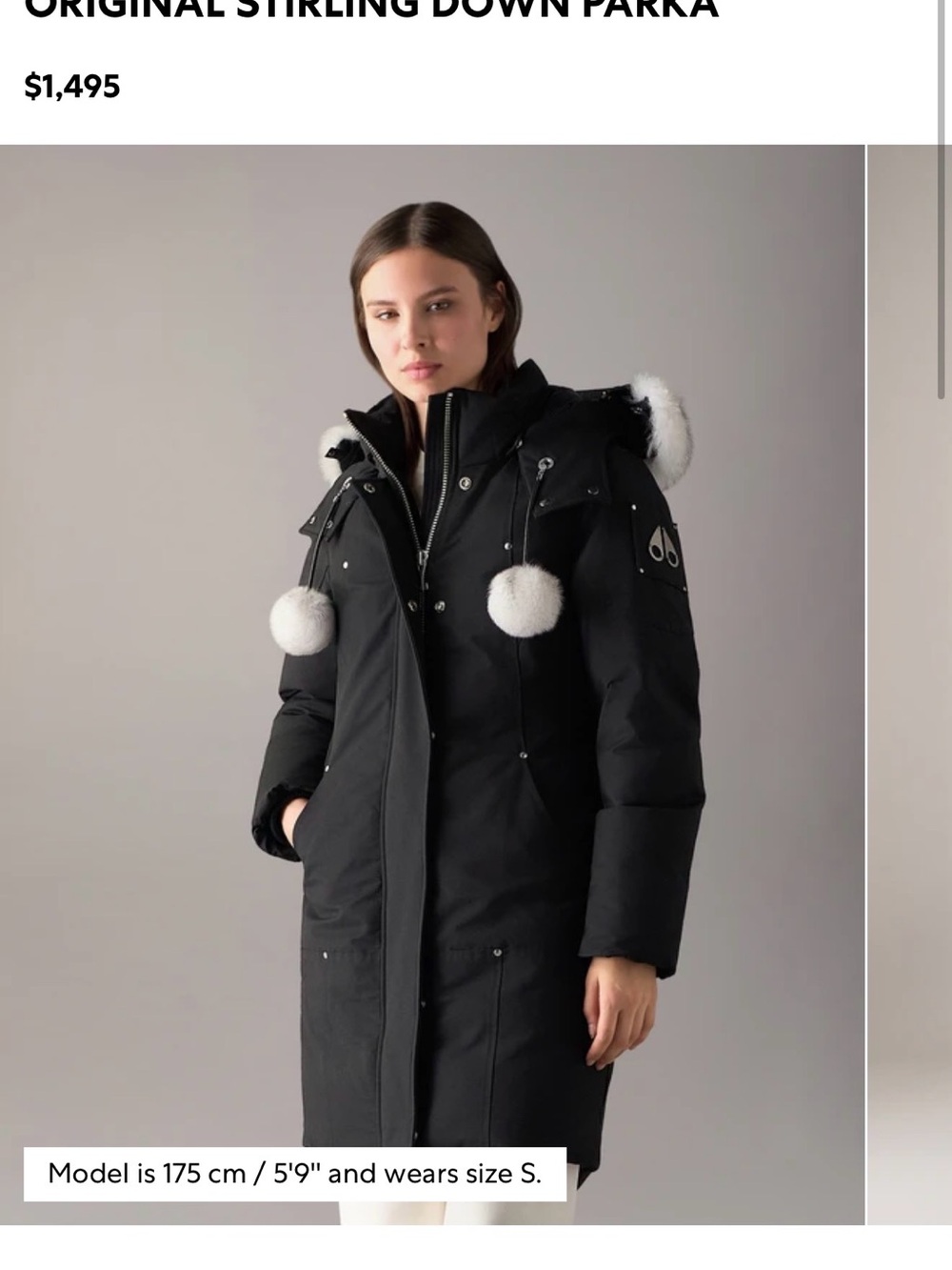 Moose Knuckles Black Down Parka with White Fur Pom-Poms